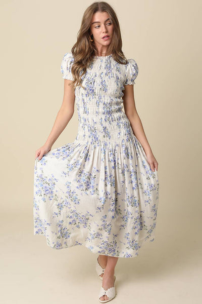 Jayda Floral Smocked Maxi Dress: Cream Lt Blue / Contemporary / S - Lulu Bella Boutique
