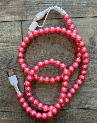 Beaded Phone Charger with Lightning & USB-C Cable: Pink Pearl