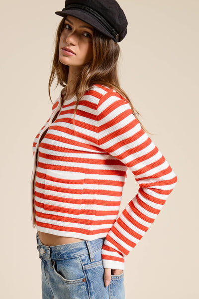 Pearl Embellishment Striped Cardigan Sweater: Fire