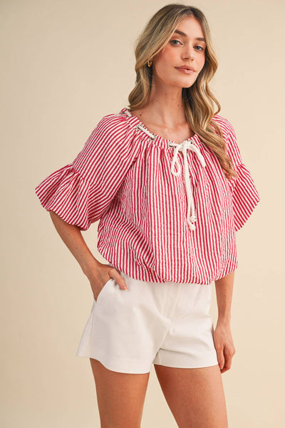 STRIPED BUBBLE TOP WITH GROMMET NECKLINE MTP4529: BERRY RED STRIPE / S - Lulu Bella Boutique