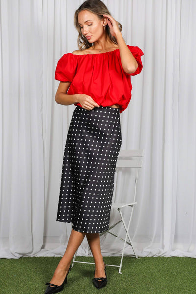 Dot Print Bias Cut Satin Midi Skirt VS51610K: Black / S - Lulu Bella Boutique