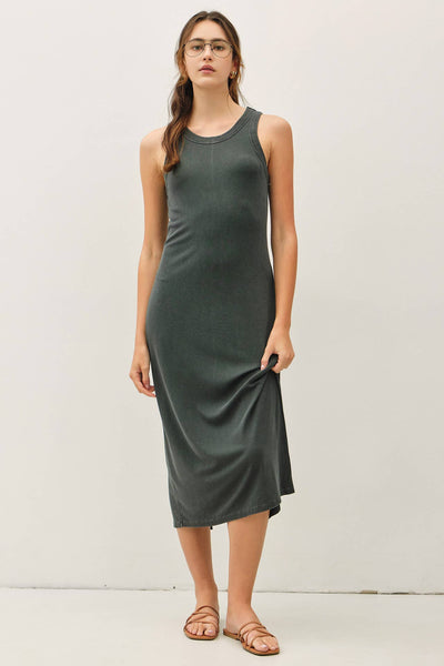 GARMENT WASHED RIBBED SLIM MIDI TANK DRESS: CHARCOAL / S - Lulu Bella Boutique