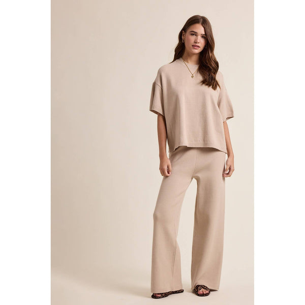 SWEATER KNIT TOP AND PANTS SET: OATMEAL