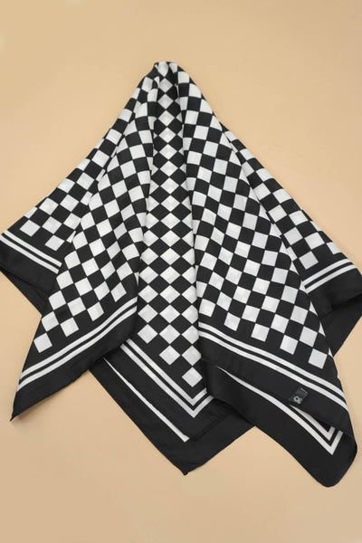 LARGE CHECKER PRINT SILKY FEEL BANDANA SCARF: Brown