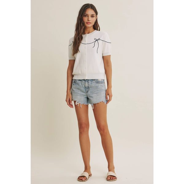 FRENCH MORNING BOW EMBROIDERED BUTTON-DOWN COTTON CARDIGAN: OFF WHITE / S - Lulu Bella Boutique