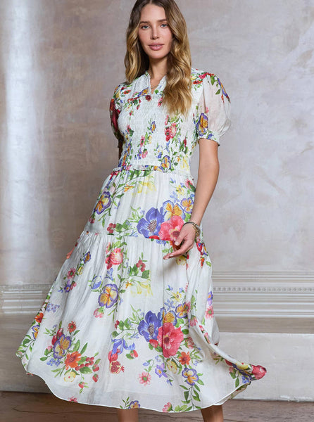 Floral Printed Smocked Midi Dress: Multi / XS - Lulu Bella Boutique