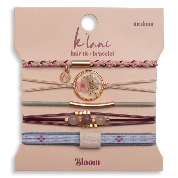 "Bloom" Maroon & Pink with Pressed Flowers Hair Tie Bracelets: Medium