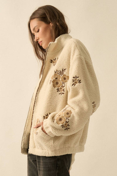 Floral-Embroidered Sherpa Fleece Zip-Up Jacket: Cream