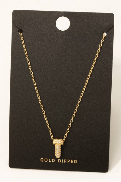 Gold Dipped Cz Pave Bubble Letter Pendant Necklace: E - Lulu Bella Boutique