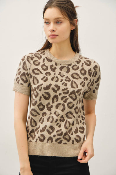 LEOPARD PRINT SHORT SLEEVE WOOL BLEND SWEATER TOP: MOCHA / S - Lulu Bella Boutique