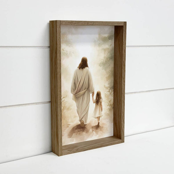 Jesus Walking with Light Haired Girl - Jesus Canvas Art : 18x24" Large Canvas Art with Thick Wood Frame - Lulu Bella Boutique