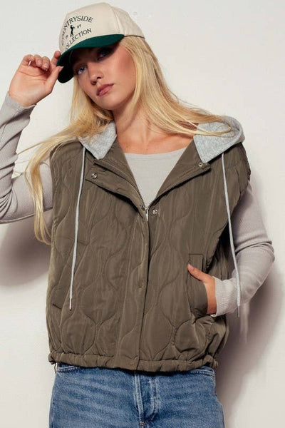 Quilted Western Hooded Vest : OLIVE