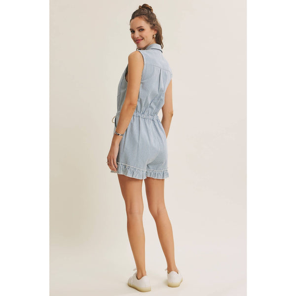 SUN-FILLED DAYS BREEZY COTTON STRIPE BUTTON-FRONT ROMPER: LT. BLUE / S - Lulu Bella Boutique