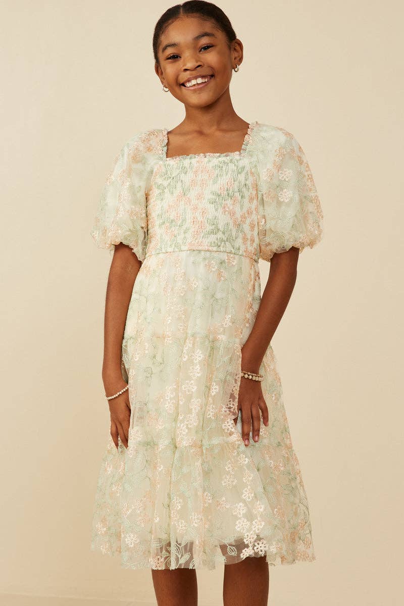 Girls Smocked Floral Mesh Lace Tiered Dress - Lulu Bella Boutique