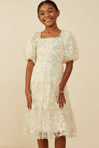 Girls Smocked Floral Mesh Lace Tiered Dress - Lulu Bella Boutique