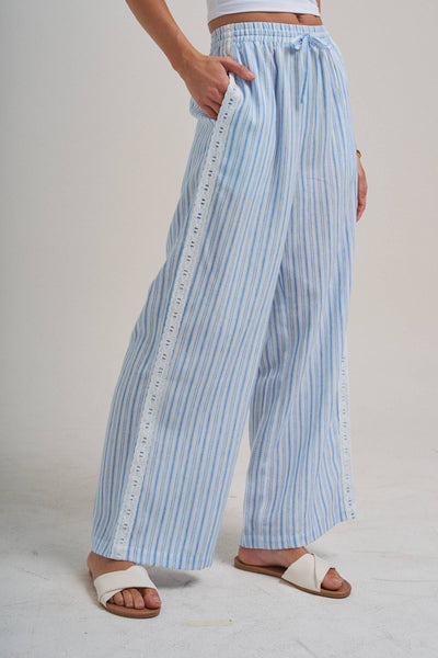 CASUAL PANTS WITH DELICATE RIBBON TRIM ON THE SIDE: VINTAGE BLUE / S-M-L(2-2-2) - Lulu Bella Boutique