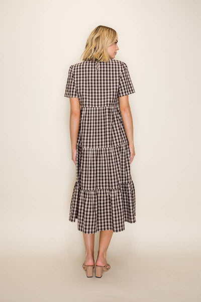 Plaid Flowy Tiered Midi Dress: Brown/Taupe / S - Lulu Bella Boutique