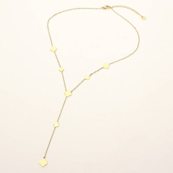 SECRET BOX_Stainless Steel Quatrefoil Charm Station Link Y Shaped Necklace: Gold - Lulu Bella Boutique