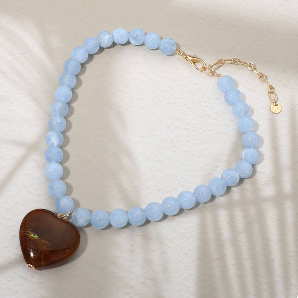 Chunky Marbled Resin Heart Charm Beaded Necklace: Rose