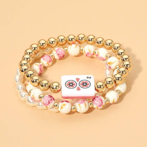 3PCS - Mahjong Charm Accent Floral Pearl Beaded Stretch Multi Layered Bracelets: Black,Gold