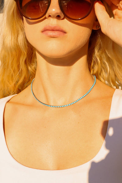 18k Gold Turquoise Rhinestone Tennis Chain Necklace: 16"+2" / 3mm - Lulu Bella Boutique