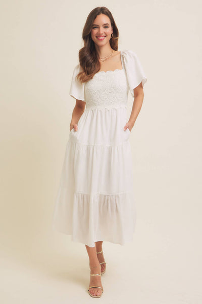 TIERED FLORAL CROCHET MIDI DRESS WITH FLUTTER SLVS: OFF WHITE / S - Lulu Bella Boutique