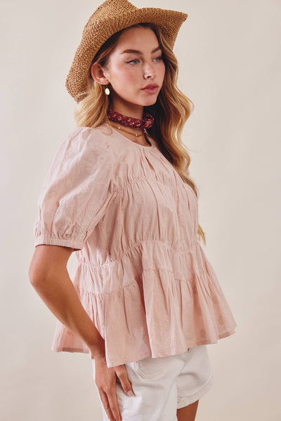 Embroidered Rose Peplum Blouse: Rose Latte - Lulu Bella Boutique