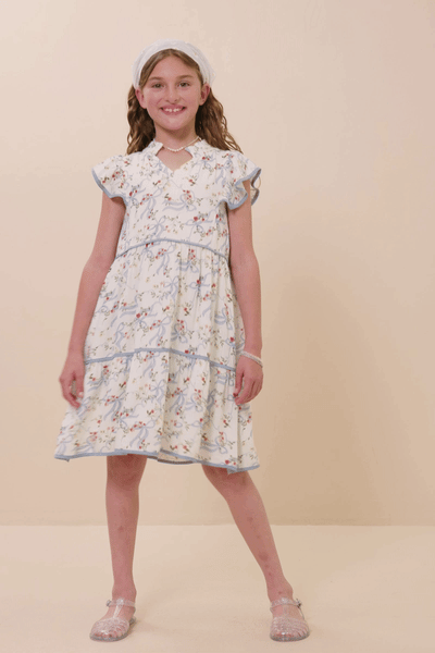 Girls Floral Ribbon Print Contrast Trim Dress: Blue