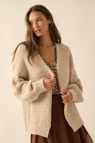 Textured Popcorn Knit Open-Front Cardigan: Sand / S - Lulu Bella Boutique