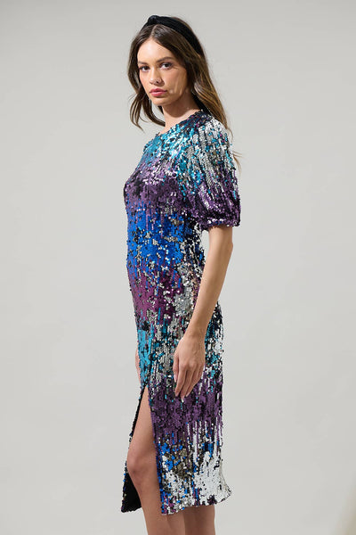 Navette Short Sleeve Sequin Midi Dress: Multi