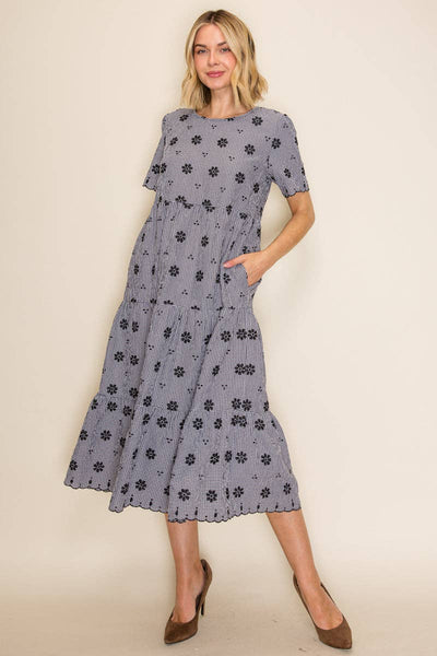 Gingham Embroidered Babydoll Midi Dress: Black/Ivory
