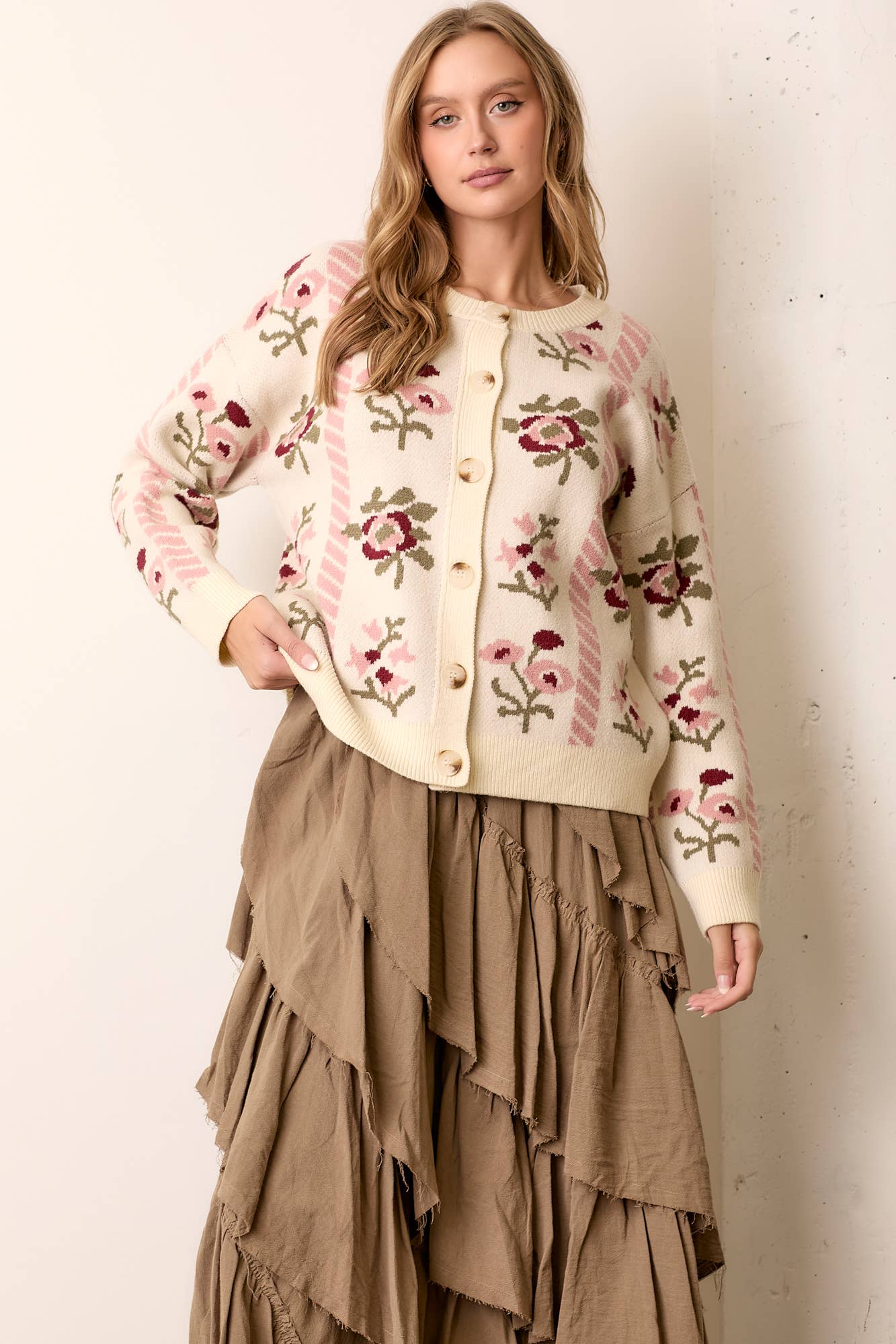 FLORAL INTARSIA SWEATER CARDIGAN: CREAM / M