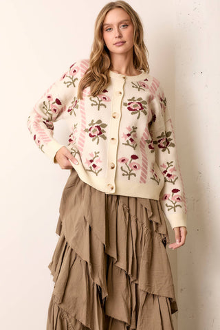 FLORAL INTARSIA SWEATER CARDIGAN: CREAM / S