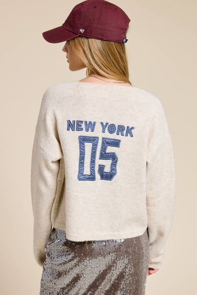 Varsity Patch New York Knit Cardigan: Oat