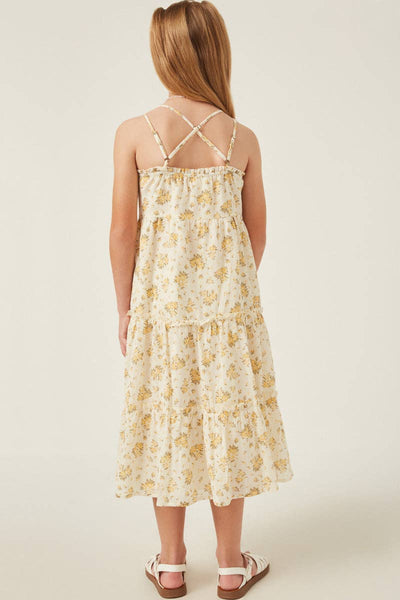 Girls Textured Lace Detail Strappy Back Dress: Yellow / S - Lulu Bella Boutique