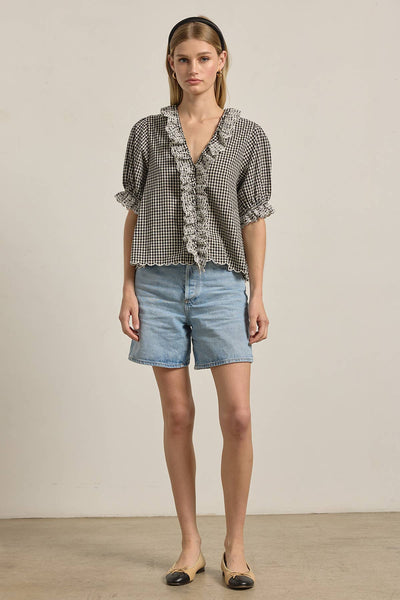 Gingham Lace Ruffle Blouse - RT1172: BLACK GINGHAM / S-M-L (3-2-1) - Lulu Bella Boutique