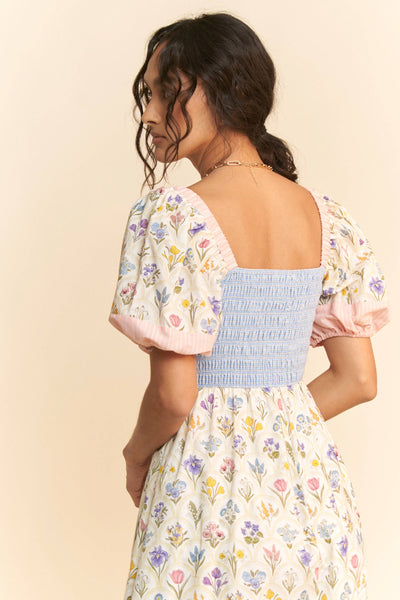 PLUS FLORAL BOUQUET PUFF SLEEVE TIERED DRESS: PASTEL YELLOW MULTI / 2XL - Lulu Bella Boutique