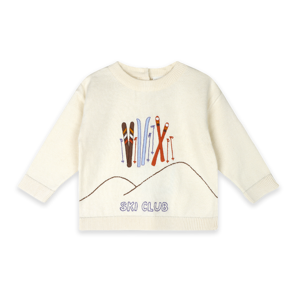 Ski Club Embroidered Baby Knit Pullover (Organic Cotton): Ecru