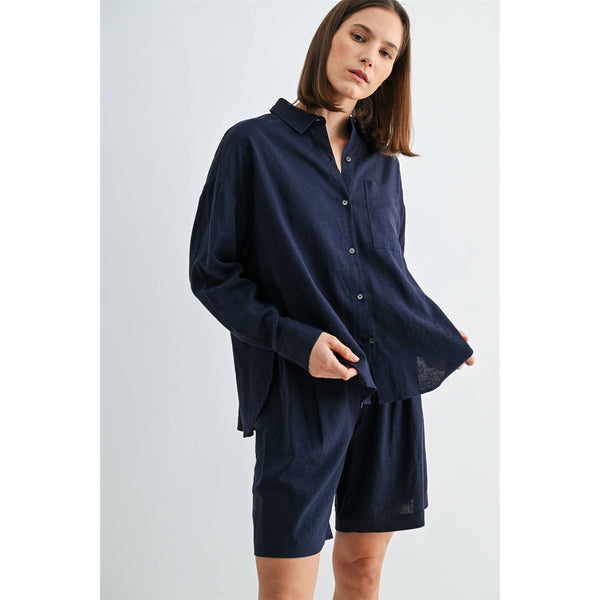 LINEN DROP SHOULDER SHIRT: Navy / S-M-L(2-2-2) - Lulu Bella Boutique