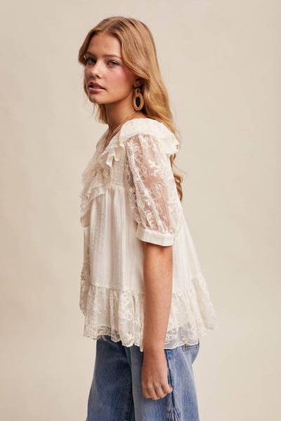 Lace Trim Ruffle Peplum Blouse LT1448: Cream / Contemporary / S - Lulu Bella Boutique