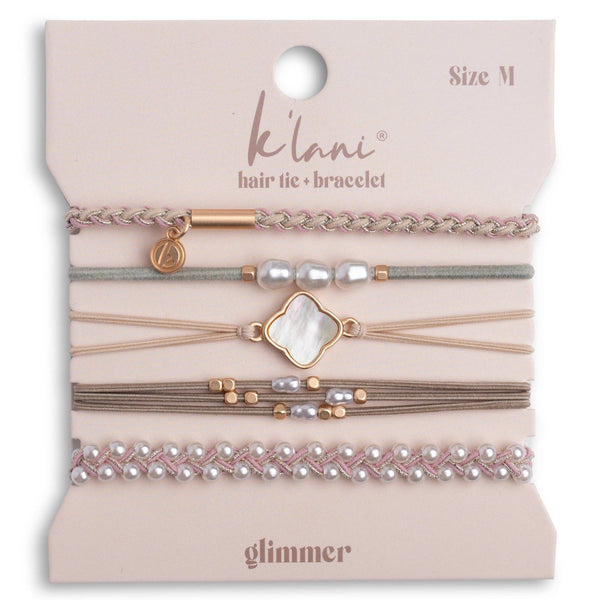 "Glimmer" Soft Pinks with Pearl & Gold Accent Hair Tie Bracelets: Large
