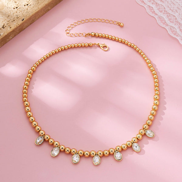 Oval Stone Beaded Ball Chain necklace: GOLD