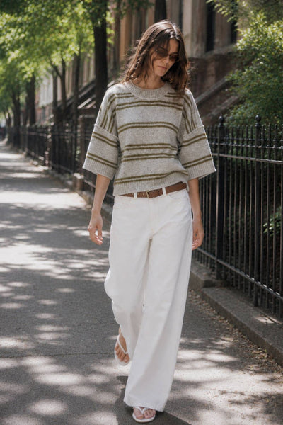 Soft Touch Striped Wide Sleeve Sweater: HEATHER GREY/OLIVE