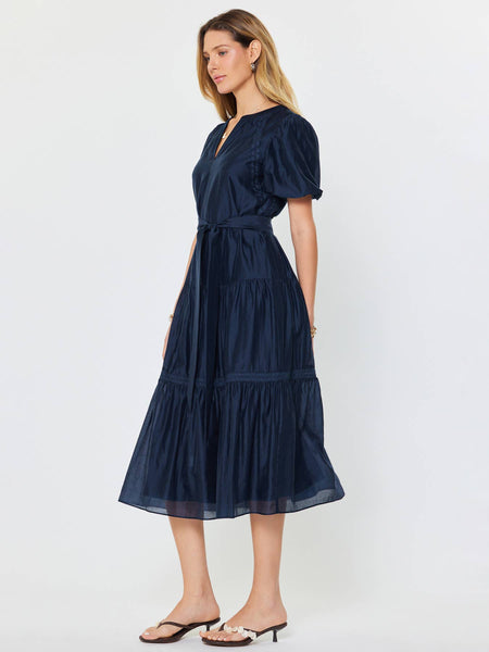Short Puff Sleeve Tiered Midi Dress: Navy / XS - Lulu Bella Boutique