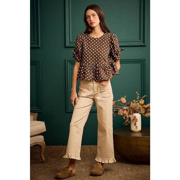 POLKA DOT BOW DETAIL SHORT SLEEVES PEPLUM TOP: BROWN/IVORY