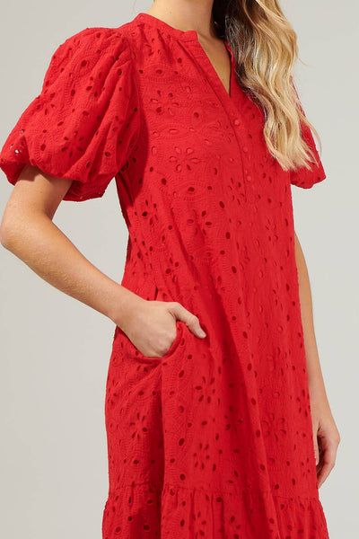 Villa Nova Eyelet Midi Dress: Red / S - Lulu Bella Boutique