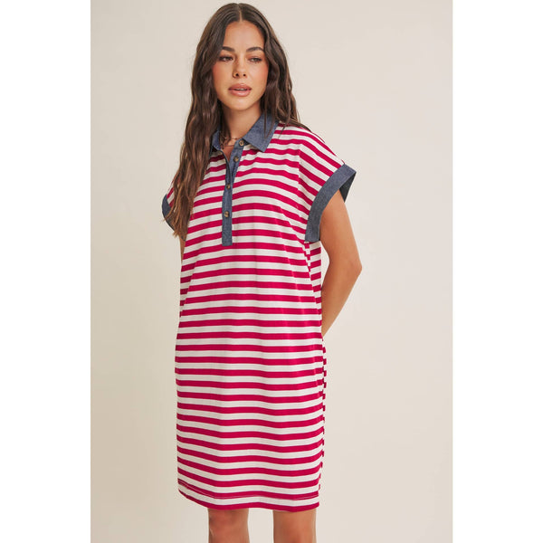 YACHT CLUB RELAXED FIT CASUAL STRIPE POLO MINI DRESS: BURGUNDY/CREAM