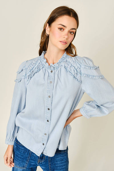 RUFFLES LONG SLEEVE CHAMBRAY TOP: LT DENIM