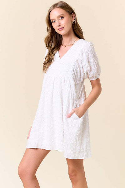 Jacquard V-Neck Puff Short Sleeve Mini Dress - 27982D: OFF WHITE / S - Lulu Bella Boutique