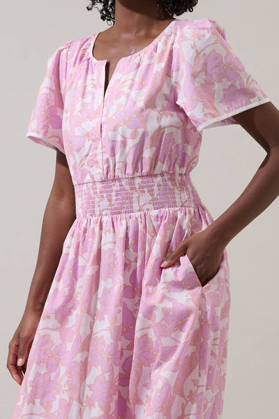 Daney Floral Ordy Smocked Midi Dress: PINK-CREAM / XS - Lulu Bella Boutique